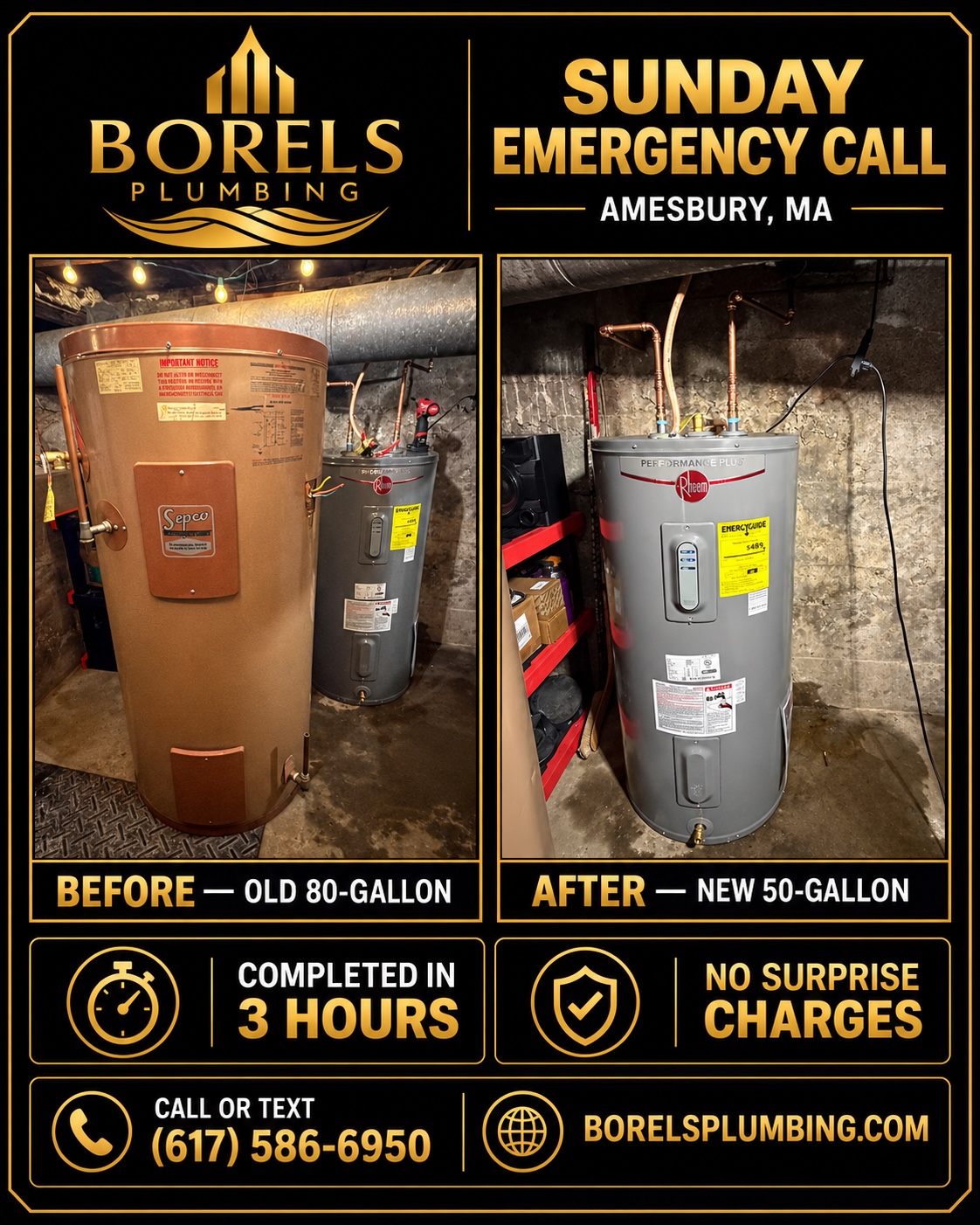 Arte de antes e depois: troca de water heater em Amesbury, MA — Borels Plumbing