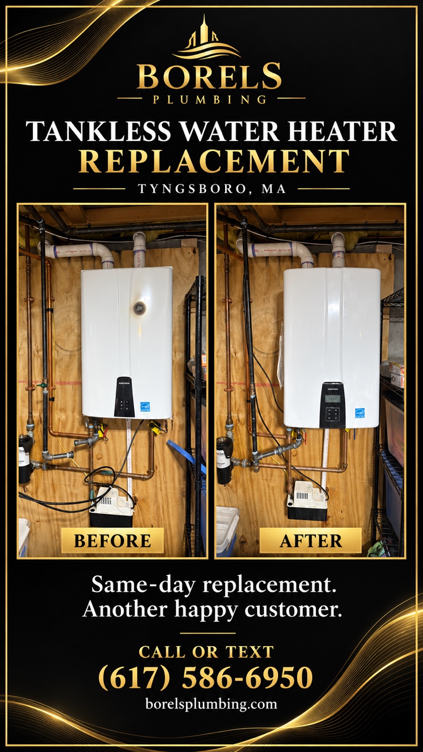 Antes e depois da troca de water heater tankless em Tyngsboro, MA. Arte de um trabalho da Borels Plumbing.